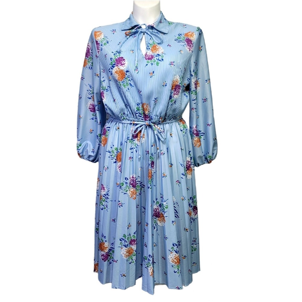 Vintage 70s 80s Blue Floral Pleated‎ Midi Dress Tie Neck L/S Grannycore Tea XL